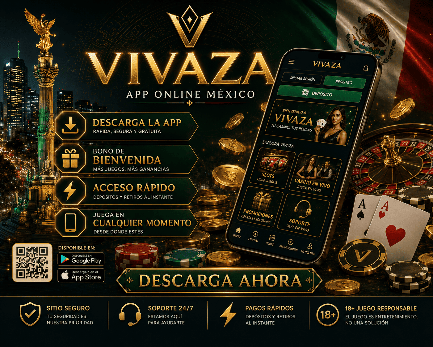vivaza - visual principal de la app movil Escena de app movil de vivaza con telefono Android, monedas y elementos de interfaz de juego